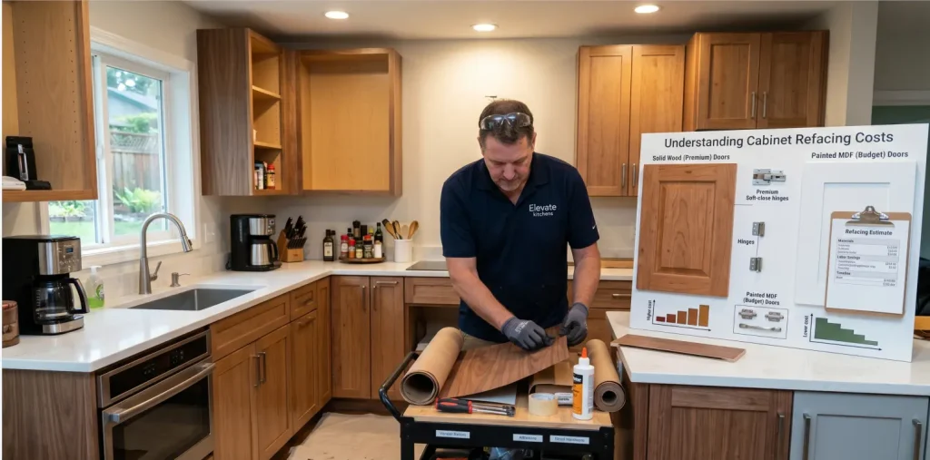 An Elevate Kitchens installer preparing fresh wood veneer next to a display board that helps homeowners in understanding cabinet refacing costs.