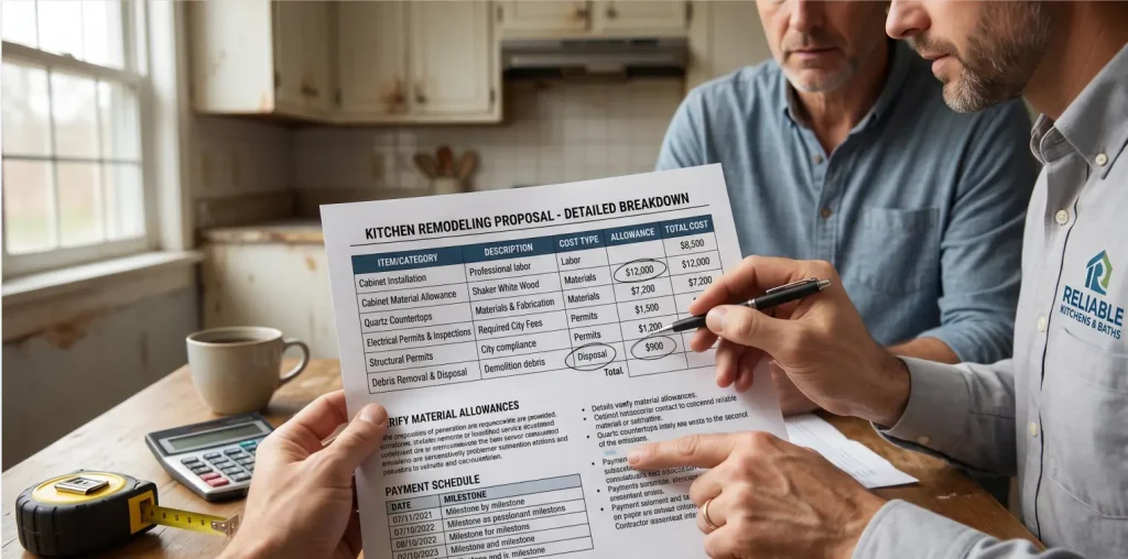 A close-up of a contractor explaining a detailed kitchen remodeling proposal to a homeowner, highlighting material allowances and labor costs.