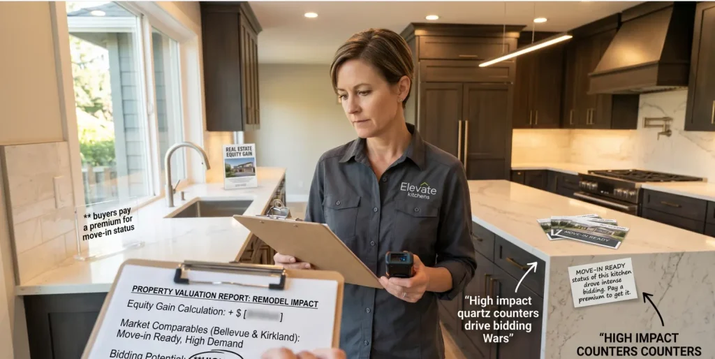 An Elevate Kitchens inspector holding a property valuation report to analyze data and help homeowners in understanding the return on investment of a kitchen remodel.