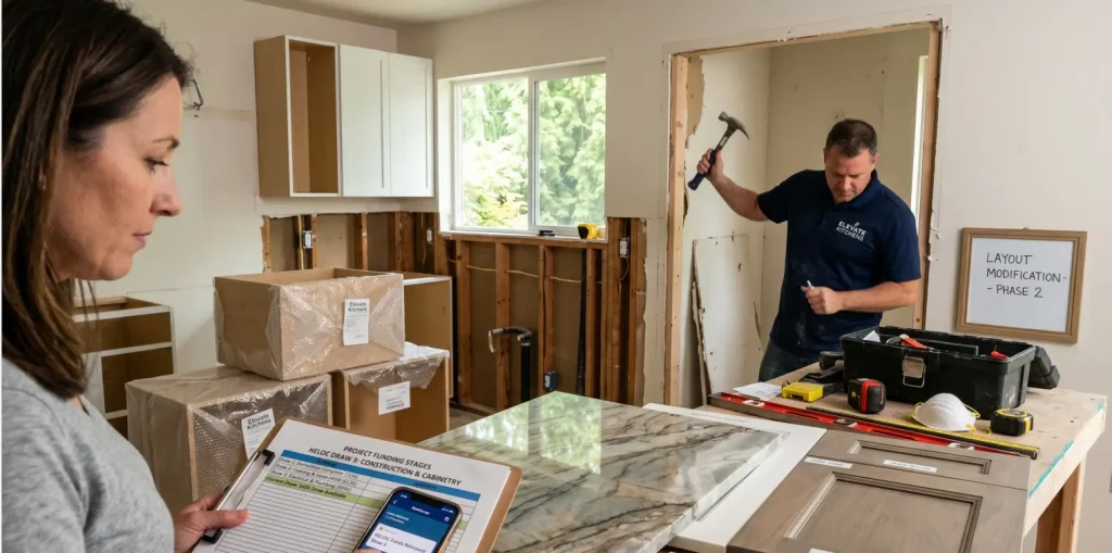 A homeowner tracking project funding stages with a clipboard and phone during a layout modification project, demonstrating utilizing a home equity line of credit (HELOC).