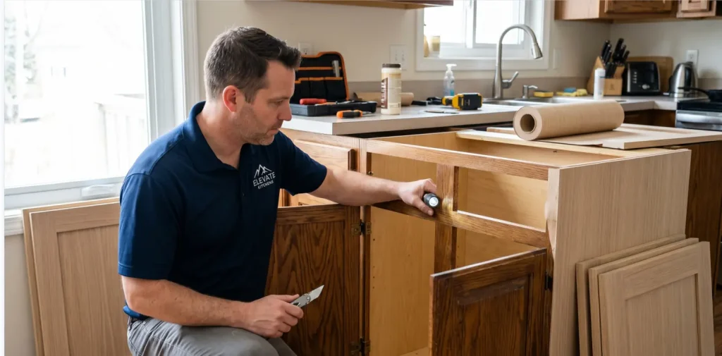 An Elevate Kitchens contractor using a flashlight to inspect internal wooden boxes for structural damage, helping homeowners determine when is refacing the best choice.