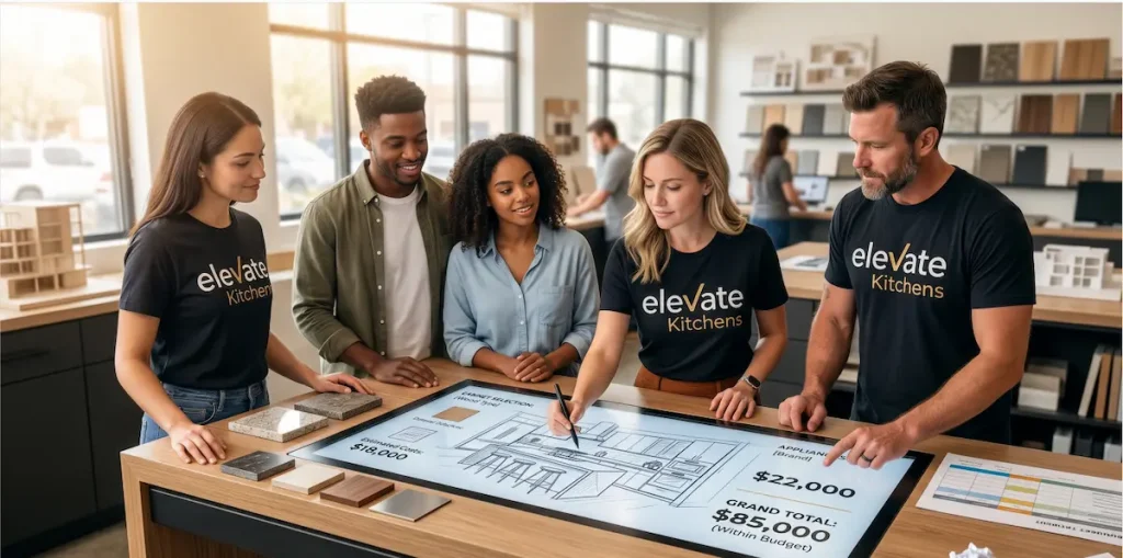 A design-build kitchen contractor team showing a couple live cost breakdowns and interactive 3D layouts on a digital smart table to ensure strict renovation budget control.