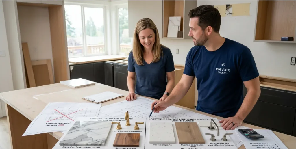 An Elevate Kitchens designer showing a homeowner how to choose smart material alternatives within their investment comfort zone during an in-home design consultation.
