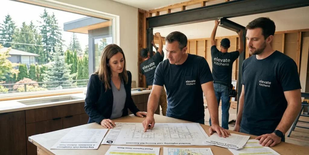 Professional kitchen remodeling contractors reviewing local building code compliance and structural engineering blueprints while installing a load-bearing steel beam.