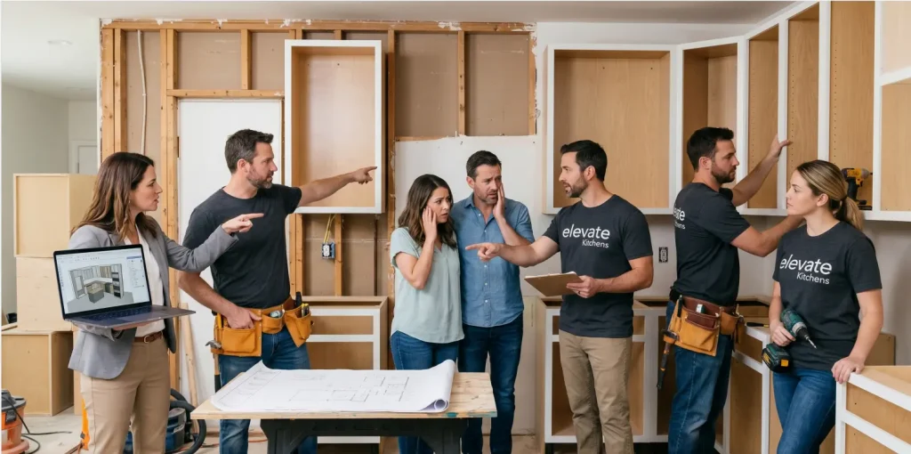 An independent contractor and separate designer arguing over blueprints and laptop 3D layouts next to a stressed homeowner couple, illustrating the kitchen renovation blame game resolved by a unified design-build kitchen contractor.