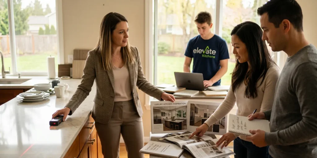 A kitchen designer using a laser measure tool while a couple reviews luxury kitchen inspiration books and takes notes during an in-home design consultation with Elevate Kitchens