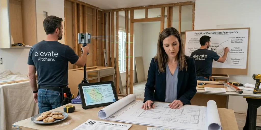 An Elevate Kitchens design team reviewing blueprints and using a 3D laser scanner to map out a structural layout framework during an in-home design consultation.