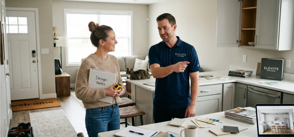 A homeowner holding a measuring tape and notebook while discussing kitchen layout options with an Elevate Kitchens contractor during an in-home design consultation.