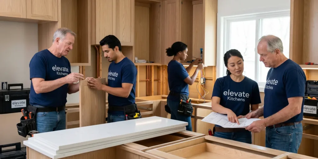 A dedicated internal crew of kitchen remodeling contractors from Elevate Kitchens managing on-site tasks including custom cabinet fitting, electrical wiring, and blueprint coordination.