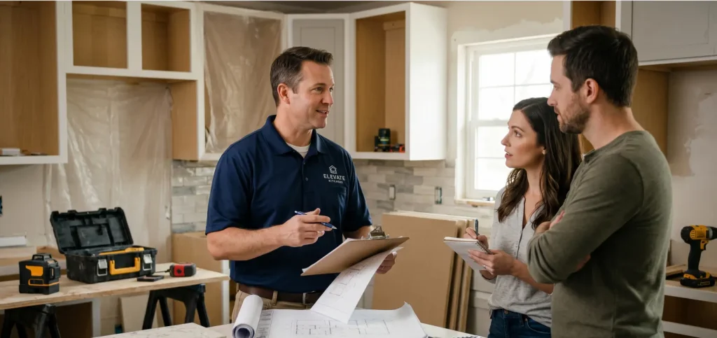 A homeowner couple holding a notepad and taking notes while interviewing professional kitchen remodeling contractors from Elevate Kitchens on a renovation site.