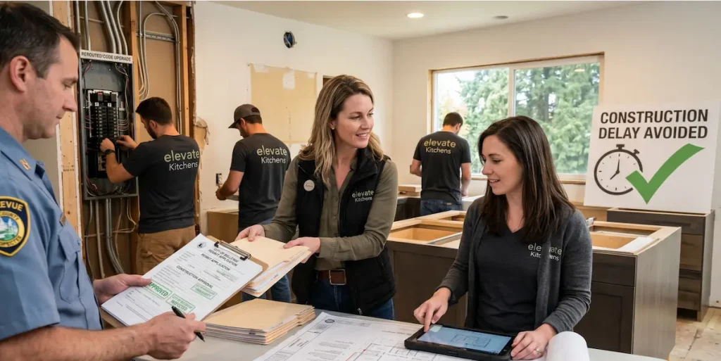 A city inspector approving a permit application clipboard presented by a design-build kitchen contractor team during an on-site Bellevue kitchen renovation with heavy electrical panel rerouting.