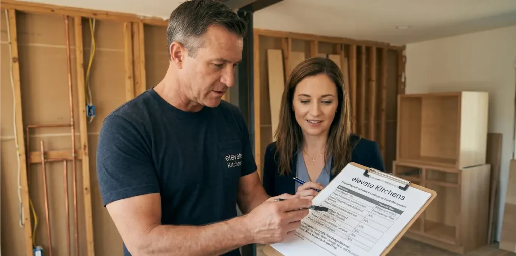 A professional team member from Elevate Kitchens presenting a phased payment schedule and contingency fund management clipboard to a client on a renovation site.