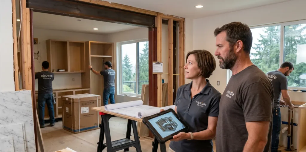 A professional design-build kitchen contractor team reviewing a 3D architectural layout on a tablet while crew members execute structural construction on-site.