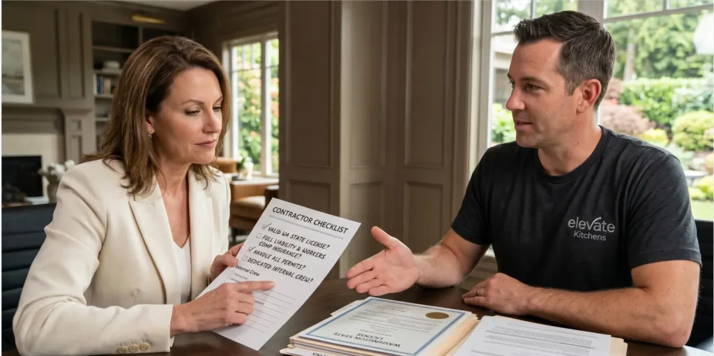 A homeowner pointing to a contractor checklist while verifying the Washington State license and insurance documentation of professional kitchen remodeling contractors.