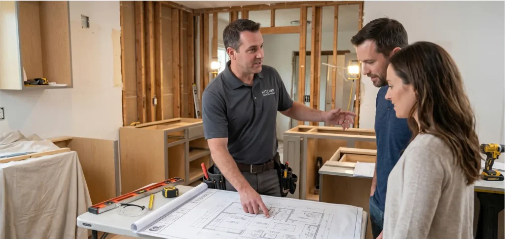 A professional design-build kitchen contractor pointing to architectural blueprints while consulting a couple on an active kitchen remodeling job site.