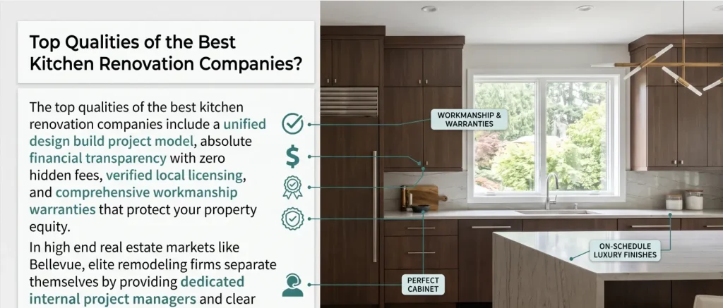 An infographic detailing the structural and administrative traits of the best kitchen renovation companies, highlighting a unified design-build model and local licensing over a modern Bellevue kitchen interior.