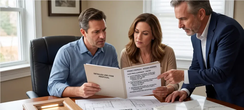 A couple closely reviewing a detailed line-item proposal and fixed-price agreement with a contractor, demonstrating the absolute financial transparency expected from the best kitchen renovation companies.