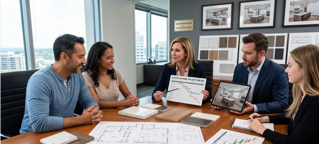 A professional design-build team presenting detailed architectural blueprints, material swatches, and a structured project timeline to a couple, showcasing the organizational infrastructure expected from the best kitchen renovation companies.