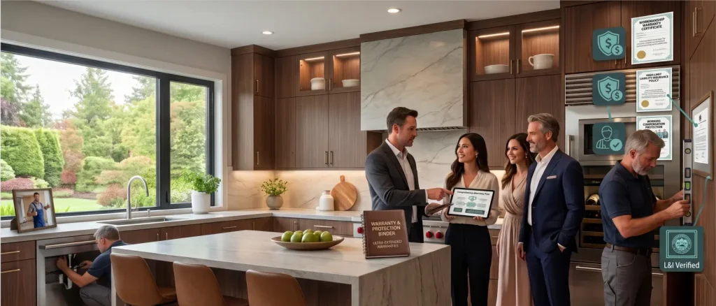 A project manager presenting a comprehensive warranty plan on a tablet to a couple in a luxury kitchen, flanked by technicians handling a plumbing leak and cabinet alignment, demonstrating the long-term protection provided by the best kitchen renovation companies