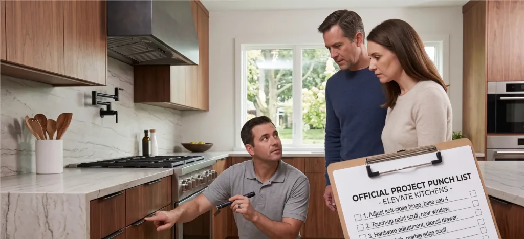 An Elevate Kitchens contractor points out a minor cabinet tweak to a couple during a final project walkthrough, with an official project punch list clipboard visible in the foreground.