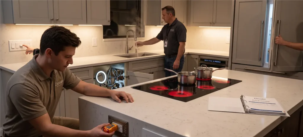 An Elevate Kitchens team executing comprehensive system testing procedures during a final project walkthrough, including testing electrical outlets, inspecting plumbing under the sink, and verifying active luxury appliances.