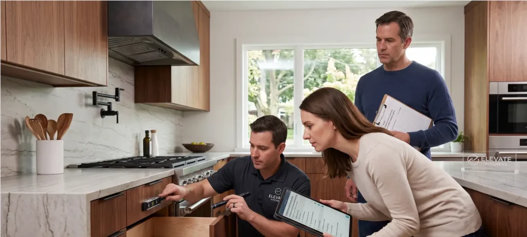 An Elevate Kitchens professional team conducting a structured technical inspection during a final project walkthrough, using a leveling tool on cabinetry while a homeowner reviews a digital checklist on a tablet.