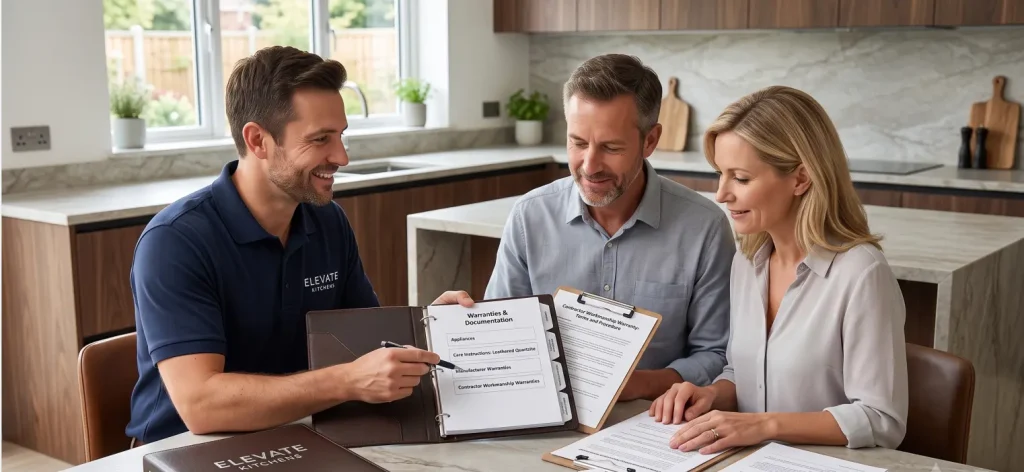 An Elevate Kitchens project manager presenting a warranties and documentation binder to a couple during a final project walkthrough, establishing complete administrative clarity.