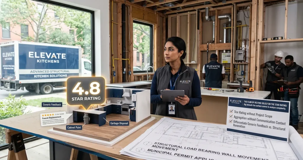 Elevate Kitchens specialist comparing simple repair ratings with structural load-bearing renovation blueprints.