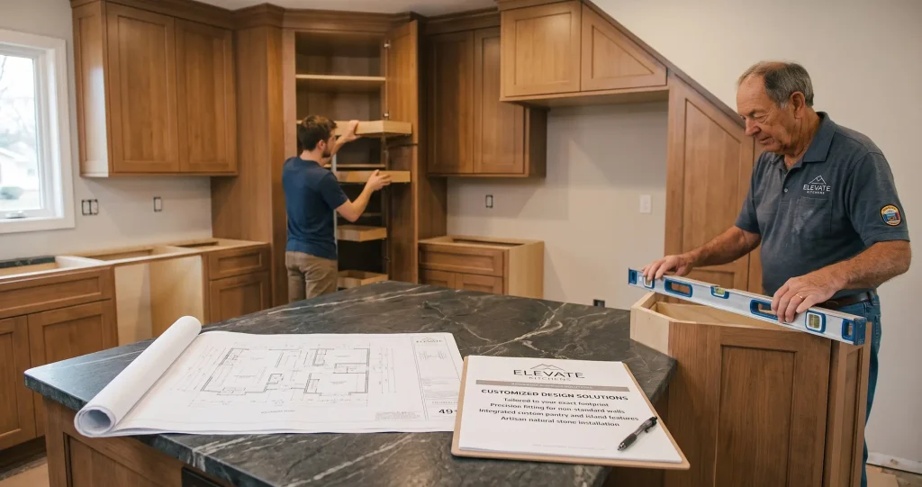 Elevate Kitchens installers fitting custom wood cabinetry and measuring kitchen island layout according to architectural blueprints