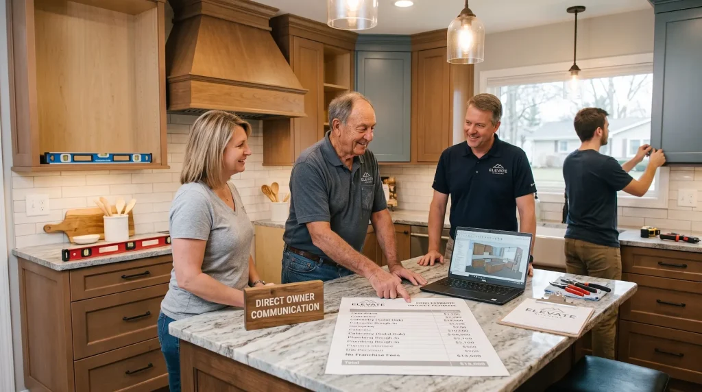 Elevate Kitchens business owners reviewing an itemized project estimate and 3D kitchen design with a homeowner