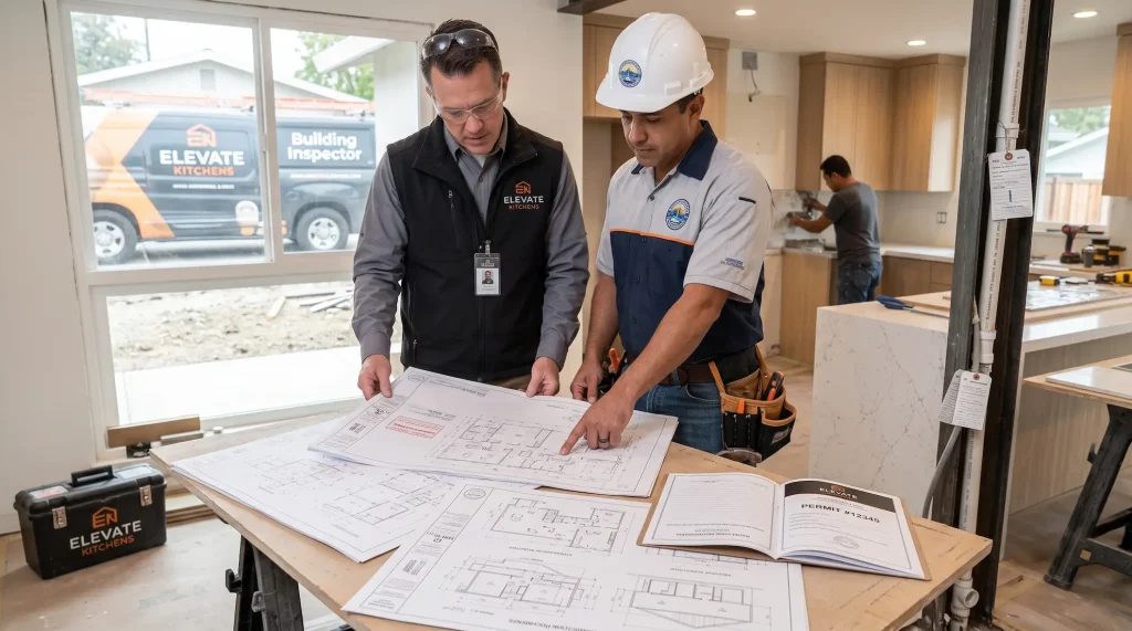 Elevate Kitchens general contractor reviewing architectural blueprints and municipal building permits on-site with a city building inspector.