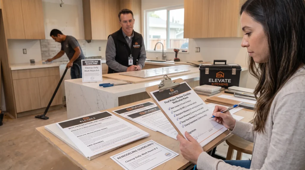 Homeowner reviewing an Elevate Kitchens remodeling contract checklist, licensing credentials, and daily work guidelines on a kitchen island.