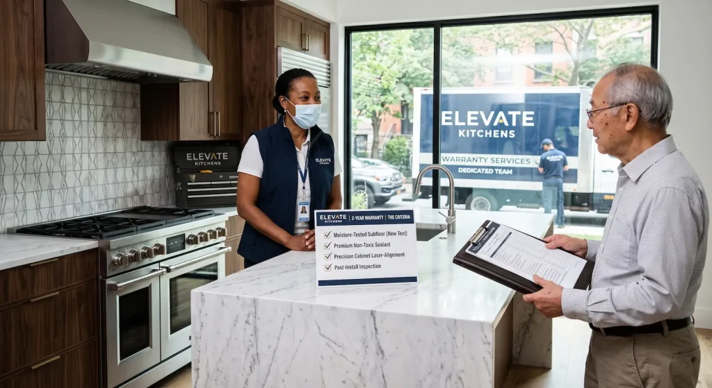 Elevate Kitchens warranty representative reviewing post-inspection criteria for a 2-year labor warranty for renovations with a homeowner.