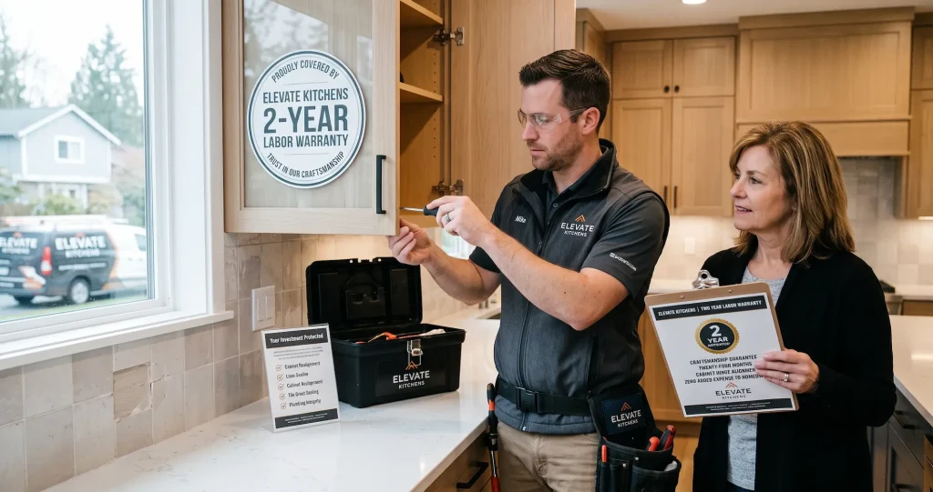 Elevate Kitchens contractor adjusting cabinet hinges under a 2-year labor warranty for renovations alongside a satisfied homeowner.