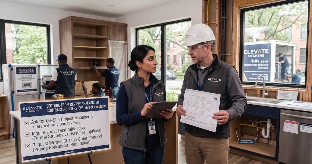Elevate Kitchens project manager and contractor reviewing kitchen remodel blueprints and review analysis checklist during consultation.