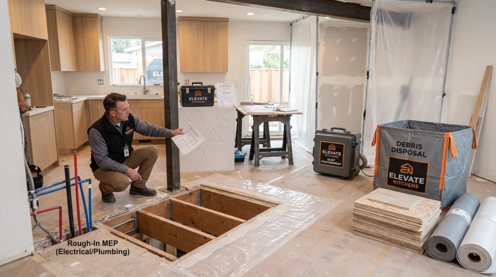 An Elevate Kitchens contractor in branded gear reviewing blueprints on a jobsite featuring exposed structural floor joists, new framing, and red and blue PEX plumbing rough-ins.