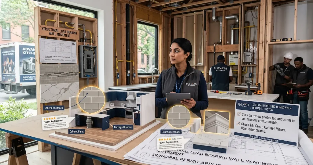 Contractor examining architectural plans alongside callouts for tile grout lines, crown molding miters, and countertop seams from homeowner reviews.