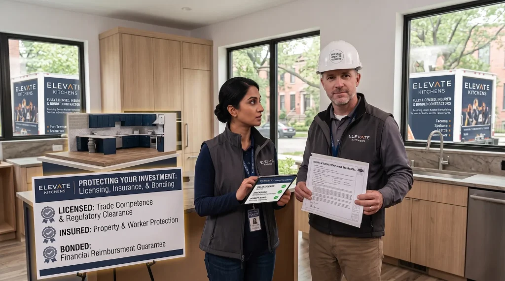 Elevate Kitchens licensed, insured, and bonded contractors presenting official compliance certification and investment protection standards.