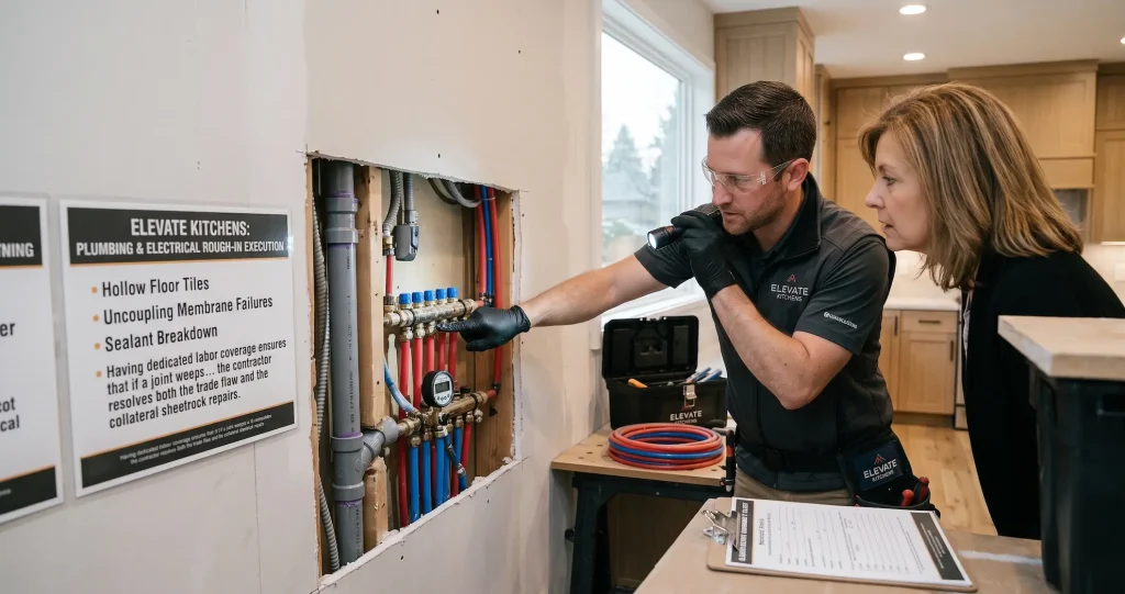 Elevate Kitchens contractor inspecting rough-in plumbing behind drywall under a 2-year labor warranty for renovations with homeowner.
