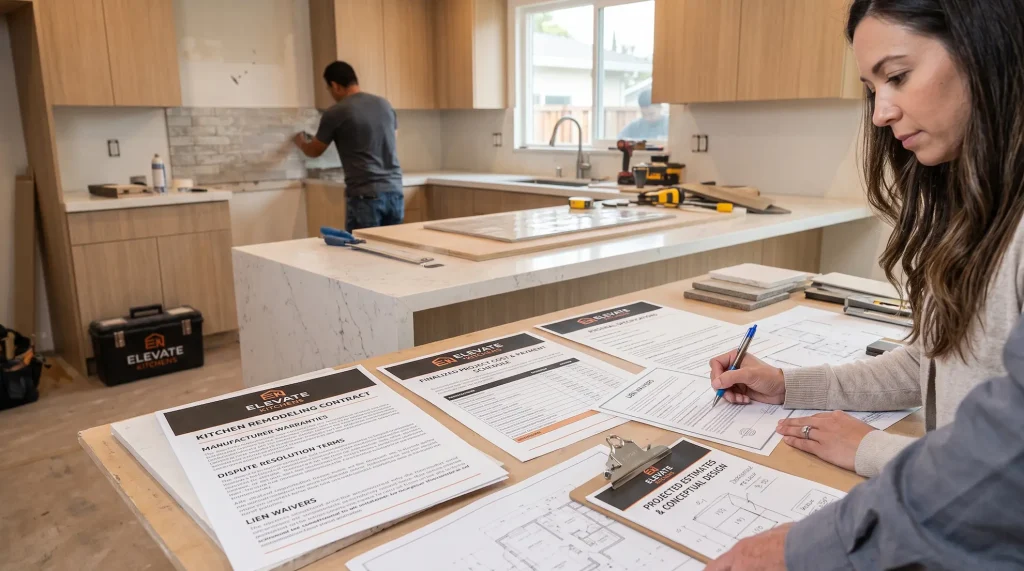 Homeowner reviewing and signing an Elevate Kitchens remodeling contract covering payment schedules, warranties, and scope of work on an active jobsite.
