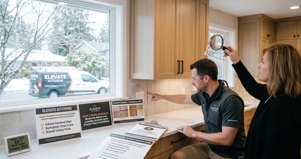 Elevate Kitchens contractor inspecting tile backsplash for seasonal expansion cracks under a 2-year labor warranty for renovations.