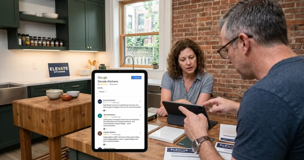 Homeowners sorting Elevate Kitchens Google reviews by newest first to assess recent contractor crew performance and project management.