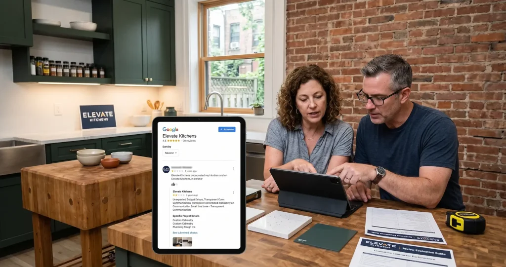 Homeowners analyzing Elevate Kitchens Google reviews sorted by newest first to evaluate contractor feedback and project details.