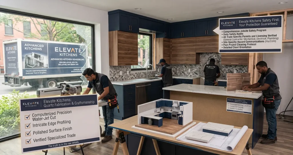 Elevate Kitchens trade specialists fabricating quartz and tile while safety protocol displays explain mechanic's lien prevention.