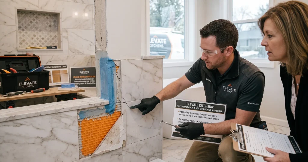 Elevate Kitchens professional inspecting cracked marble shower tile and waterproofing membrane covered by a 2-year labor warranty for renovations.