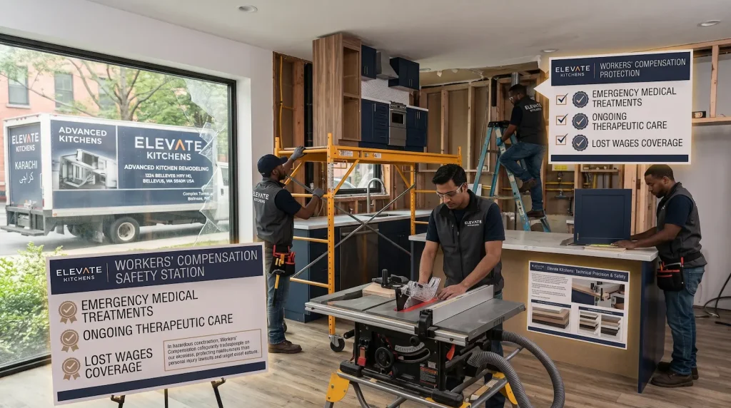 Elevate Kitchens crew operating table saws, scaffolding, and step ladders under verified workers compensation safety protocols.