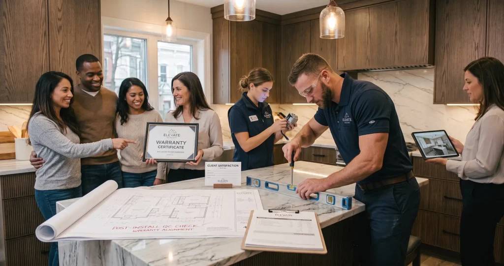 Elevate Kitchens team presenting a warranty certificate to homeowners alongside post-install quality checks on a custom kitchen island