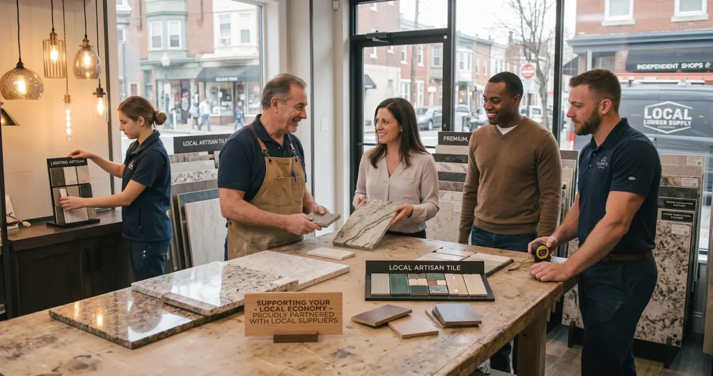 Family-owned kitchen remodeling team sourcing granite countertops and artisan tiles from local community suppliers