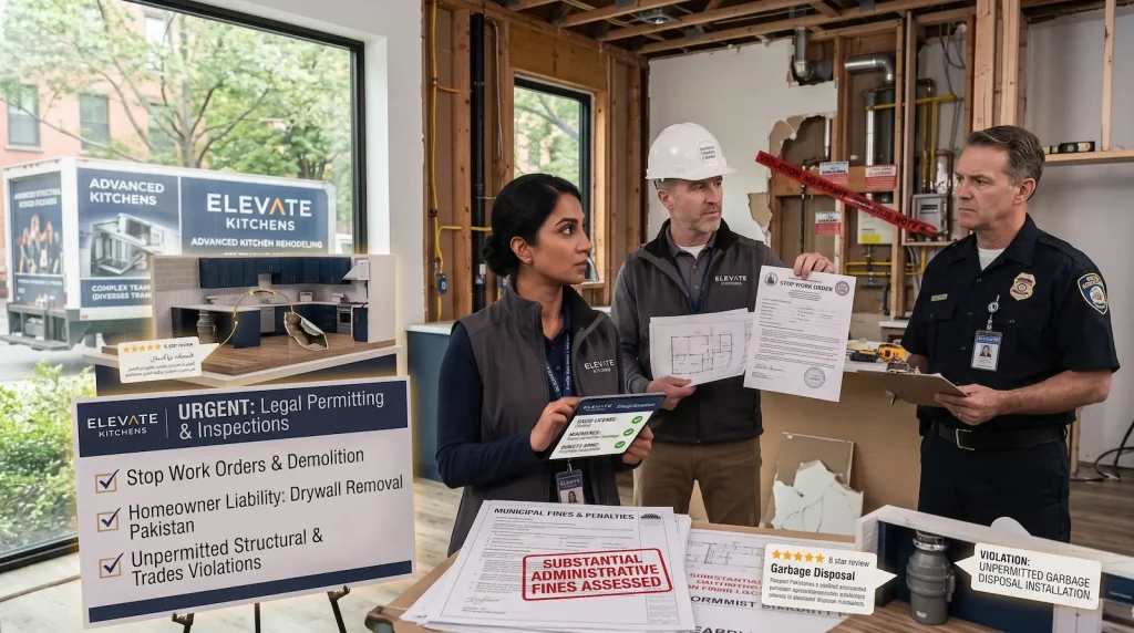 Municipal building inspector issuing a stop work order on an unpermitted kitchen renovation alongside Elevate Kitchens compliance team.
